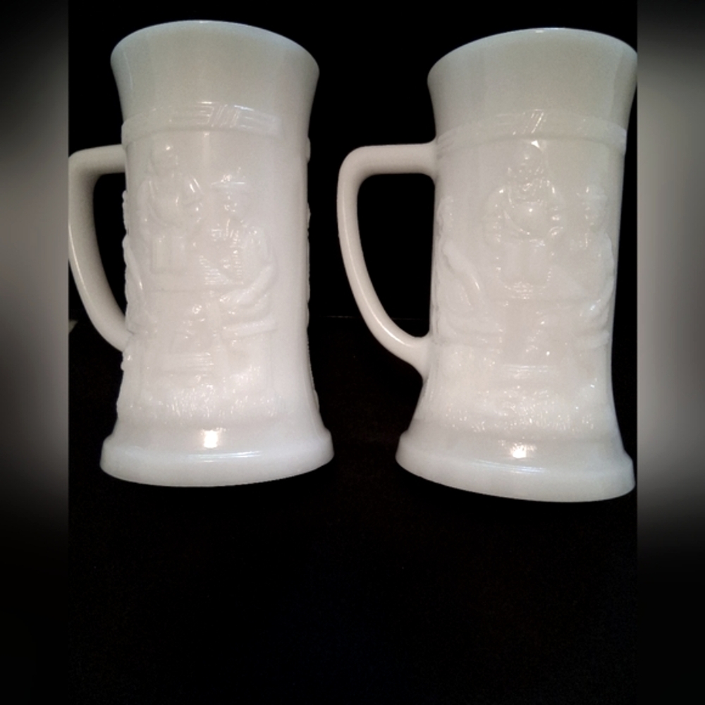 Mid‑Century (60s-70s) Federal Milk Glass Beer Steins – Embossed Tavern Reliefs